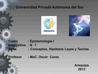 Universidad Privada Autónoma del Sur
Curso : Epistemología I
Diapositiva : N 7
Tema : Conceptos, Hipótesis Leyes y Teorías
Profesor : MsC. Oscar Corzo
Arequipa
2013
 