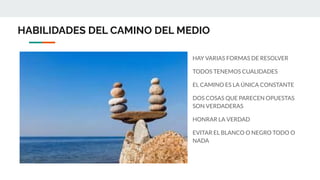 HABILIDADES DEL CAMINO DEL MEDIO
HAY VARIAS FORMAS DE RESOLVER
TODOS TENEMOS CUALIDADES
EL CAMINO ES LA ÚNICA CONSTANTE
DOS COSAS QUE PARECEN OPUESTAS
SON VERDADERAS
HONRAR LA VERDAD
EVITAR EL BLANCO O NEGRO TODO O
NADA
 