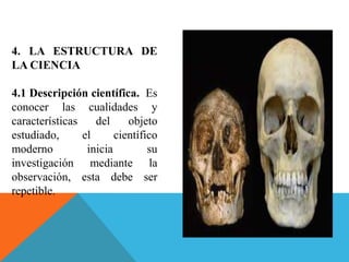 4. LA ESTRUCTURA DE
LA CIENCIA
4.1 Descripción científica. Es
conocer las cualidades y
características del objeto
estudiado, el científico
moderno inicia su
investigación mediante la
observación, esta debe ser
repetible.
 