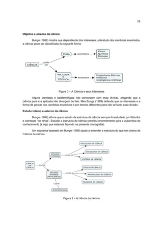 58


Objetivo e alcance da ciência

        Bunge (1989) mostra que dependendo dos interesses, sobretudo dos cientistas envolvidos,
a ciência pode ser classificada da seguinte forma:




                              Figura 3 – A Ciência e seus interesses

        Alguns cientistas e epistemólogos não concordam com essa divisão, alegando que a
ciência pura e a aplicada não divergem de fato. Mas Bunge (1989) defende que os interesses e a
forma de pensar dos cientistas envolvidos é por demais diferentes para não se fazer essa divisão.

Estudo interno e externo da ciência

         Bunge (1989) afirma que o estudo da estrutura da ciência sempre foi estudado por filósofos
e cientistas “de férias”. Estudar a estrutura da ciência contribui enormemente para a autocrítica do
conhecimento (é algo que estamos fazendo na presente monografia).

        Um esquema baseado em Bunge (1989) ajuda a entender a estrutura do que ele chama de
“ciência da ciência:




                                  Figura 3 – A ciência da ciência
 