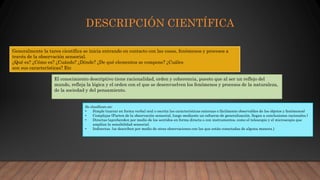 DESCRIPCIÓN CIENTÍFICA
Generalmente la tarea científica se inicia entrando en contacto con las cosas, fenómenos y procesos a
través de la observación sensorial.
¿Qué es? ¿Cómo es? ¿Cuándo? ¿Dónde? ¿De qué elementos se compone? ¿Cuáles
son sus características? Etc
El conocimiento descriptivo tiene racionalidad, orden y coherencia, puesto que al ser un reflejo del
mundo, refleja la lógica y el orden con el que se desenvuelven los fenómenos y procesos de la naturaleza,
de la sociedad y del pensamiento.
Se clasifican en:
• Simple (narrar en forma verbal oral o escrita las características externas o fácilmente observables de los objetos y fenómenos)
• Complejas (Parten de la observación sensorial, luego mediante un esfuerzo de generalización, llegan a conclusiones racionales.)
• Directas (aprehenden por medio de los sentidos en forma directa o con instrumentos, como el telescopio y el microscopio que
amplían la sensibilidad sensorial.
• Indirectas. (se describen por medio de otras observaciones con las que están conectadas de alguna manera.)
 