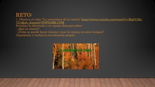 RETO:
1. Observa el video “La naturaleza de la ciencia” https://www.youtube.com/watch?v=MqUCdle-
7UA&ab_channel=TOPDARK.COM
Socializa lo observado y en equipo discutan sobre:
- ¿Qué es ciencia?
- ¿Cómo se puede hacer ciencia y usar la ciencia en estos tiempos?
Argumenta y realiza la coevaluación grupal.
 