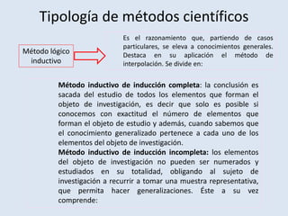 Tipología de métodos científicos
Método lógico
inductivo
Es el razonamiento que, partiendo de casos
particulares, se eleva a conocimientos generales.
Destaca en su aplicación el método de
interpolación. Se divide en:
Método inductivo de inducción completa: la conclusión es
sacada del estudio de todos los elementos que forman el
objeto de investigación, es decir que solo es posible si
conocemos con exactitud el número de elementos que
forman el objeto de estudio y además, cuando sabemos que
el conocimiento generalizado pertenece a cada uno de los
elementos del objeto de investigación.
Método inductivo de inducción incompleta: los elementos
del objeto de investigación no pueden ser numerados y
estudiados en su totalidad, obligando al sujeto de
investigación a recurrir a tomar una muestra representativa,
que permita hacer generalizaciones. Éste a su vez
comprende:
 