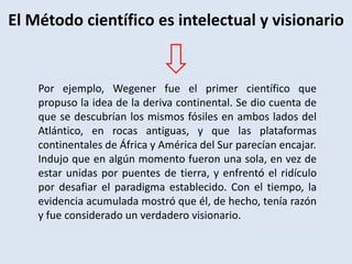 El Método científico es intelectual y visionario
Por ejemplo, Wegener fue el primer científico que
propuso la idea de la deriva continental. Se dio cuenta de
que se descubrían los mismos fósiles en ambos lados del
Atlántico, en rocas antiguas, y que las plataformas
continentales de África y América del Sur parecían encajar.
Indujo que en algún momento fueron una sola, en vez de
estar unidas por puentes de tierra, y enfrentó el ridículo
por desafiar el paradigma establecido. Con el tiempo, la
evidencia acumulada mostró que él, de hecho, tenía razón
y fue considerado un verdadero visionario.
 
