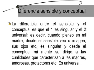 Diferencia sensible y conceptual La diferencia entre el sensible y el conceptual es que el 1 es singular y el 2 universal; es decir, cuando pienso en mi madre, desde el sensible veo u imagen, sus ojos etc, es singular y desde el conceptual mi mente se dirige a las cualidades que caracterizan a las madres, amorosas, protectoras etc. Es universal. 