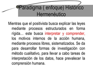 Paradigma ( enfoque) Histórico Hermenéutico Mientras que el positivista busca explicar las leyes mediante procesos estructurados en forma rígida… este busca  interpretar y comprender,  los motivos internos de la acción humana, mediante procesos libres, sistematizados. Se da para desarrollar formas de investigación con método cualitativo, para llevar a cabo tareas de interpretación de los datos, hace prevalecer la comprensión humana. 