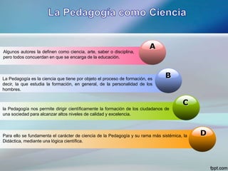 A
B
C
D
Algunos autores la definen como ciencia, arte, saber o disciplina,
pero todos concuerdan en que se encarga de la educación.
La Pedagogía es la ciencia que tiene por objeto el proceso de formación, es
decir, la que estudia la formación, en general, de la personalidad de los
hombres.
la Pedagogía nos permite dirigir científicamente la formación de los ciudadanos de
una sociedad para alcanzar altos niveles de calidad y excelencia.
Para ello se fundamenta el carácter de ciencia de la Pedagogía y su rama más sistémica, la
Didáctica, mediante una lógica científica.
 