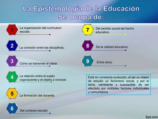 1
2
33
44
5
6
7
8
39
La organización del currículum
escolar.
La conexión entre las disciplinas.
Cómo se transmite el saber.
La relación entre el sujeto
cognoscente y el objeto a conocer.
La formación del docente.
Del contexto escolar.
Del sentido social del hecho
educativo.
De la calidad educativa.
Está en constante evolución, al ser su objeto
de estudio un fenómeno social, y por lo
tanto, cambiante y susceptible de ser
afectado por múltiples factores individuales
y comunitarios.
Entre otros.
 