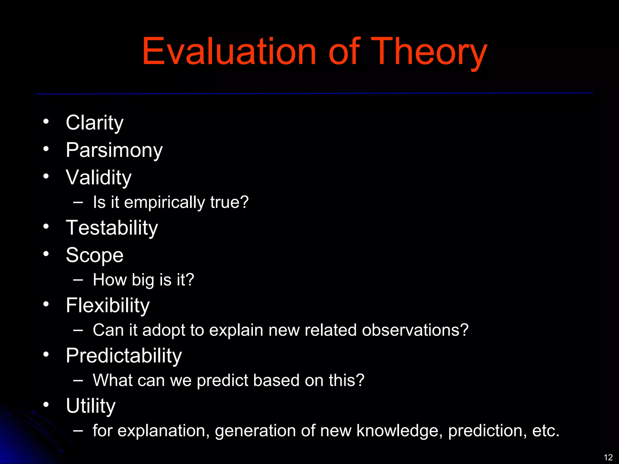 1122 
Evaluation of Theory 
• Clarity 
• Parsimony 
• Validity 
– Is it empirically true? 
• Testability 
• Scope 
– How big is it? 
• Flexibility 
– Can it adopt to explain new related observations? 
• Predictability 
– What can we predict based on this? 
• Utility 
– for explanation, generation of new knowledge, prediction, etc. 
 