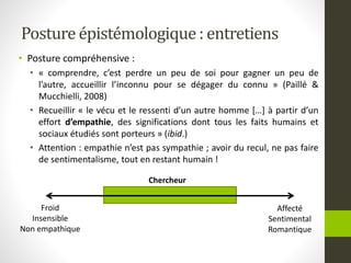 Posture épistémologique : entretiens
• Posture compréhensive :
• « comprendre, c’est perdre un peu de soi pour gagner un peu de
l’autre, accueillir l’inconnu pour se dégager du connu » (Paillé &
Mucchielli, 2008)
• Recueillir « le vécu et le ressenti d’un autre homme […] à partir d’un
effort d’empathie, des significations dont tous les faits humains et
sociaux étudiés sont porteurs » (ibid.)
• Attention : empathie n’est pas sympathie ; avoir du recul, ne pas faire
de sentimentalisme, tout en restant humain !
Froid
Insensible
Non empathique
Affecté
Sentimental
Romantique
Chercheur
 