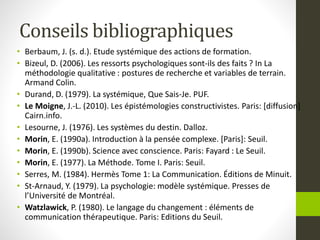 Conseils bibliographiques
• Berbaum, J. (s. d.). Etude systémique des actions de formation.
• Bizeul, D. (2006). Les ressorts psychologiques sont-ils des faits ? In La
méthodologie qualitative : postures de recherche et variables de terrain.
Armand Colin.
• Durand, D. (1979). La systémique, Que Sais-Je. PUF.
• Le Moigne, J.-L. (2010). Les épistémologies constructivistes. Paris: [diffusion]
Cairn.info.
• Lesourne, J. (1976). Les systèmes du destin. Dalloz.
• Morin, E. (1990a). Introduction à la pensée complexe. [Paris]: Seuil.
• Morin, E. (1990b). Science avec conscience. Paris: Fayard : Le Seuil.
• Morin, E. (1977). La Méthode. Tome I. Paris: Seuil.
• Serres, M. (1984). Hermès Tome 1: La Communication. Éditions de Minuit.
• St-Arnaud, Y. (1979). La psychologie: modèle systémique. Presses de
l’Université de Montréal.
• Watzlawick, P. (1980). Le langage du changement : éléments de
communication thérapeutique. Paris: Editions du Seuil.
 
