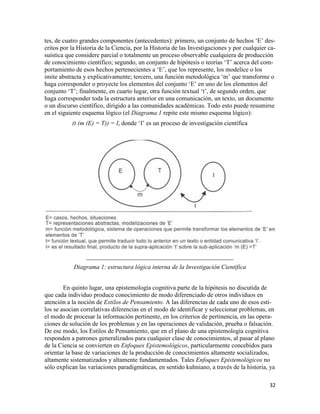 32
tes, de cuatro grandes componentes (antecedentes): primero, un conjunto de hechos ‘E’ des-
critos por la Historia de la Ciencia, por la Historia de las Investigaciones y por cualquier ca-
suística que considere parcial o totalmente un proceso observable cualquiera de producción
de conocimiento científico; segundo, un conjunto de hipótesis o teorías ‘T’ acerca del com-
portamiento de esos hechos pertenecientes a ‘E’, que los represente, los modelice o los
imite abstracta y explicativamente; tercero, una función metodológica ‘m’ que transforme o
haga corresponder o proyecte los elementos del conjunto ‘E’ en uno de los elementos del
conjunto ‘T’; finalmente, en cuarto lugar, otra función textual ‘t’, de segundo orden, que
haga corresponder toda la estructura anterior en una comunicación, un texto, un documento
o un discurso científico, dirigido a las comunidades académicas. Todo esto puede resumirse
en el siguiente esquema lógico (el Diagrama 1 repite este mismo esquema lógico):
(t (m (E) = T)) = I, donde ‘I’ es un proceso de investigación científica
_______________________________________________
Diagrama 1: estructura lógica interna de la Investigación Científica
En quinto lugar, una epistemología cognitiva parte de la hipótesis no discutida de
que cada individuo produce conocimiento de modo diferenciado de otros individuos en
atención a la noción de Estilos de Pensamiento. A las diferencias de cada uno de esos esti-
los se asocian correlativas diferencias en el modo de identificar y seleccionar problemas, en
el modo de procesar la información pertinente, en los criterios de pertinencia, en las opera-
ciones de solución de los problemas y en las operaciones de validación, prueba o falsación.
De ese modo, los Estilos de Pensamiento, que en el plano de una epistemología cognitiva
responden a patrones generalizados para cualquier clase de conocimientos, al pasar al plano
de la Ciencia se convierten en Enfoques Epistemológicos, particularmente concebidos para
orientar la base de variaciones de la producción de conocimientos altamente socializados,
altamente sistematizados y altamente fundamentados. Tales Enfoques Epistemológicos no
sólo explican las variaciones paradigmáticas, en sentido kuhniano, a través de la historia, ya
 