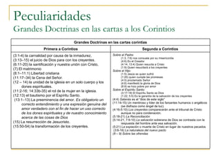 Peculiaridades Grandes Doctrinas en las cartas a los Corintios Grandes Doctrinas en las cartas corintias Primera a Corintios Segunda a Corintios (3:1-4) la carnalidad por causa de la inmadurez,  (3:13–15) el juicio de Dios para con los creyentes. (6:11-20) la santificación y nuestra unión con Cristo,  (7) El matrimonio (8:1–11:1) Libertad cristiana (11:17–34) la Cena del Señor. (12 – 14) la unidad de la iglesia en un solo cuerpo y los dones espirituales. (11:2-16; 14:33b-35) el rol de la mujer en la iglesia. (12:13) el bautismo por el Espíritu Santo.  (13:1–13)  La preeminencia del amor.  Es obligatorio un correcto entendimiento y una expresión genuina del amor verdadero con el fin de hacer un uso correcto de los dones espirituales y de nuestro conocimiento acerca de las cosas de Dios (15) La resurrección de Jesucristo. (15:50-54) la transformación de los creyentes. Sobre el Padre: (1:3; 7:6) nos consuela por su misericordia (4:6) Es el Creador (4:14; 13:4) Quien resucita a Cristo (1:9) Quien resucitará a los creyentes Sobre el Hijo: (1:5) Jesús es quien sufrió  (1:20) quien cumple las promesas (4:5) proclamado Señor (4:6) manifestó la gloria de Dios (8:9) se hizo pobre por amor  Sobre el Espíritu Santo: (3:17-18) El Espíritu Santo es Dios (1:22; 5:5) Es la garantía de la salvación de los creyentes (4:4)  Satanás  es el “dios de este siglo” (11:14-15) Un mentiroso y líder de los farsantes humanos o angélicos (se disfraza como ángel de luz). (4:16-5:10)  Los   creyentes  comparecerán ante el tribunal de Cristo aunque no para condenación. (5:18-21)  La Reconciliación  (5:14-21; 7:9-10)  La   salvación  soberana de Dios se contrasta con la respuesta del hombre ante esa salvación. (5:21)  La   expiación  o muerte de Cristo en lugar de nuestros pecados (3:6-16)  La naturaleza del nuevo pacto (8 – 9) Sobre las ofrendas 
