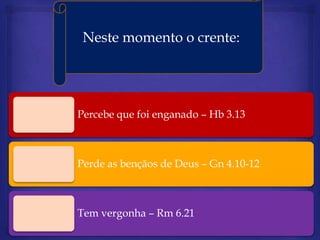 Neste momento o crente:




Percebe que foi enganado – Hb 3.13



Perde as bençãos de Deus – Gn 4.10-12



Tem vergonha – Rm 6.21
 