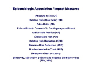 (Absolute Risk) (AR)
Relative Risk (Risk Ratio) (RR)
Odds Ratio (OR)
Phi coefficient / Cramer’s V / Contingency coefficient
Attributable Fraction (AF)
Attributable Risk (AR)
Relative Risk Reduction (RRR)
Absolute Risk Reduction (ARR)
Number Needed to Treat (NNT)
Measures of test accuracy:
Sensitivity, specificity, positive and negative predictive value
(PPV, NPV)
Epidemiologic Association / Impact MeasuresEpidemiologic Association / Impact Measures
 