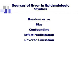 Sources of Error in EpidemiologicSources of Error in Epidemiologic
StudiesStudies
Random error
Bias
Confounding
Effect Modification
Reverse Causation
 