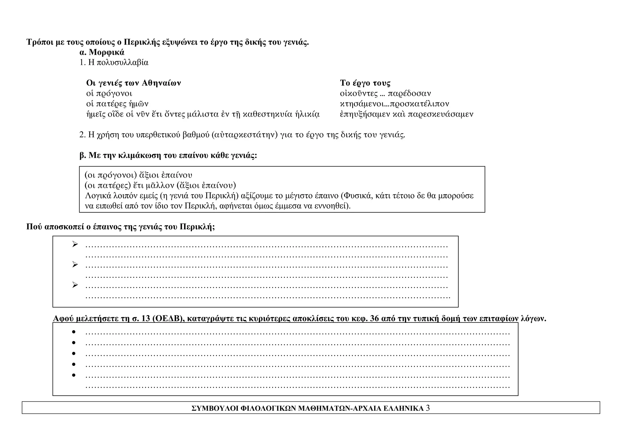 ΣΥΜΒΟΥΛΟΙ ΦΙΛΟΛΟΓΙΚΩΝ ΜΑΘΗΜΑΤΩΝ-ΑΡΧΑΙΑ ΕΛΛΗΝΙΚΑ 3
Τρόποι με τους οποίους ο Περικλής εξυψώνει το έργο της δικής του γενιάς.
α. Μορφικά
1. Η πολυσυλλαβία
Οι γενιές των Αθηναίων Το έργο τους
οἱ πρόγονοι οἰκοῦντες … παρέδοσαν
οἱ πατέρες ἡμῶν κτησάμενοι…προσκατέλιπον
ἡμεῖς οἵδε οἱ νῦν ἔτι ὄντες μάλιστα ἐν τῇ καθεστηκυία ἡλικίᾳ ἐπηυξήσαμεν καὶ παρεσκευάσαμεν
2. Η χρήση του υπερθετικού βαθμού (αὐταρκεστάτην) για το έργο της δικής του γενιάς.
β. Με την κλιμάκωση του επαίνου κάθε γενιάς:
(οι πρόγονοι) ἄξιοι ἐπαίνου
(οι πατέρες) ἔτι μᾶλλον (ἄξιοι ἐπαίνου)
Λογικά λοιπόν εμείς (η γενιά του Περικλή) αξίζουμε το μέγιστο έπαινο (Φυσικά, κάτι τέτοιο δε θα μπορούσε
να ειπωθεί από τον ίδιο τον Περικλή, αφήνεται όμως έμμεσα να εννοηθεί).
Πού αποσκοπεί ο έπαινος της γενιάς του Περικλή;
¾ ……………………………………………………………………………………………………………
……………………………………………………………………………………………………………
¾ ……………………………………………………………………………………………………………
……………………………………………………………………………………………………………
¾ ……………………………………………………………………………………………………………
…………………………………………………………………………………………………………….
Αφού μελετήσετε τη σ. 13 (ΟΕΔΒ), καταγράψτε τις κυριότερες αποκλίσεις του κεφ. 36 από την τυπική δομή των επιταφίων λόγων.
• ………………………………………………………………………………………………………………………………
• ………………………………………………………………………………………………………………………………
• ………………………………………………………………………………………………………………………………
• ………………………………………………………………………………………………………………………………
• ………………………………………………………………………………………………………………………………
………………………………………………………………………………………………………………………………
 