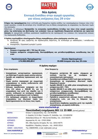 Master S.A. Consulting & Education www.masterkek.gr
Νέα Δράση
Επιταγή Εισόδου στην αγορά εργασίας
για νέους ανέργους έως 29 ετών
Στόχος του προγράμματος είναι η επίτευξη μιας δομημένης πορείας εισόδου των νεοεισερχόμενων άνεργων νέων στην
αγορά εργασίας, η οποία θα καταλήγει στην τοποθέτησή τους σε θέσεις απασχόλησης σε επιχειρήσεις του ιδιωτικού τομέα
της οικονομίας.
Ειδικότερα, το πρόγραμμα διασφαλίζει τις αναγκαίες προϋποθέσεις ένταξης των νέων στην αγορά εργασίας
μέσω της απόκτησης και βελτίωσης των γνώσεών τους με παράλληλη θεωρητική κατάρτιση και πρακτική
άσκηση σε πραγματικές συνθήκες εργασιακού περιβάλλοντος και προσαρμογή των γνώσεων στις πραγματικές ανάγκες
της παραγωγικής διαδικασίας.
Η Δράση περιλαμβάνει ολοκληρωμένη δέσμη παρεμβάσεων μέσω χορήγησης voucher για:
Κατάρτιση 80 ώρες (οριζόντιες και εξειδικευμένες δεξιότητες, σε συνδυασμό με καθοδήγηση / εκπαιδευτικό
mentoring).
Απασχόληση / Εργασιακή εμπειρία 5 μηνών
Ωφελούμενοι:
Άνεργοι πτυχιούχοι ΑΕΙ / ΤΕΙ έως 29 ετών,
Άνεργοι απόφοιτοι υποχρεωτικής, δευτεροβάθμιας και μεταδευτεροβάθμιας εκπαίδευσης έως 29
ετών
Προϋπολογισμός Προγράμματος:
174.900.000,00 €
Σύνολο Ωφελουμένων:
35.000 άνεργοι νέοι έως 29 ετών
Η Δράση παρέχει:
Στην επιχείρηση:
 Απασχόληση καταρτισμένου προσωπικού,
για διάστημα 5 μηνών χωρίς κανένα κόστος
 Αμοιβή και ασφάλιση προσωπικού από την
δράση
 Χωρίς κανένα περιορισμό για συμμετοχή
επιχειρήσεων οι οποίες επιδοτούνται από
άλλα προγράμματα
 Κάλυψη εργοδοτικών εισφορών για ένα
έτος (14 μήνες x 300,00 €), για τις
επιχειρήσεις που μετά την πάροδο των 5
μηνών, επιθυμούν να συνάψουν σύμβαση
εργασίας με ωφελούμενο από τη δράση
 Στο πρόγραμμα μπορούν να συμμετέχουν
επιχειρήσεις του ιδιωτικού τομέα που
δραστηριοποιούνται σε όλους τους τομείς
Στον Άνεργο/η:
 Σύγχρονη κατάρτιση 80 ωρών, σύμφωνα με
επιλογή του/της και σε συνάφεια με
επαγγελματικές προτιμήσεις
 Εκπαιδευτικό επίδομα 5,00 € ανά ώρα κατάρτισης
 Απασχόληση σε επιχειρήσεις ιδιωτικού τομέα
διάρκειας 5 μηνών
 Αμοιβή 460,00 € για κάθε μήνα απασχόλησης (για
απόφοιτους ΑΕΙ / ΤΕΙ)
 Αμοιβή 400,00 € για κάθε μήνα απασχόλησης (για
απόφοιτους υποχρεωτικής, δευτεροβάθμιας και
μεταδευτεροβάθμιας εκπαίδευσης)
 Ιατροφαρμακευτική κάλυψη
 Πρόσθετη ασφαλιστική κάλυψη έναντι κινδύνου,
ατυχήματος κ.λπ. για όλη τη διάρκεια της
απασχόλησης.
 Δυνατότητα σύμβασης εργασίας μετά την περίοδο
απασχόλησης, με μερική επιδότηση.
www.voucherkek.gr.
Πανελλαδική ενημέρωση 801 11 25 800 (αστική χρέωση)
ΑΘΗΝΑ: Κύπρου 4, Αργυρούπολη, τηλ.: 210 9633485
Λ. Κηφισίας 312 & Βασ. Γεωργίου 47, Χαλάνδρι, τηλ.: 210 6858760
ΘΕΣΣΑΛΟΝΙΚΗ: Αλεξανδρουπόλεως 10 – Νέα Δυτική Είσοδος, τηλ.: 2310 502270
ΚΟΡΙΝΘΟΣ: Δημοκρατίας 44, τηλ.: 27420 20560
ΑΓΡΙΝΙΟ: Εθν. Οδός Αγρινίου-Αντιρρίου 40, τηλ.: 26410 48775
ΛΕΥΚΑΔΑ: Καραβέλλα ( Πάροδος), Καλιγόνι , τηλ.: 26450 29510
ΞΑΝΘΗ – ΑΛΕΞ/ΠΟΛΗ: Τηλ. 6980997899, e-mail: sk@master.com.gr
www.masterkek.gr info@masterkek.gr
 