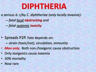 DIPHTHERIA
a serious d. c/by C. diphtheriae (only locally invasive):
– fatal local obstructing and
– fatal systemic toxicity
• Spreads P2P. Fate depends on:
– strain (toxic/not), circulation, immunity
• Man only. Both non-/toxigenic cause obstruction
• Only toxigenics cause toxemia
• 50% mortality
• Now rare
 