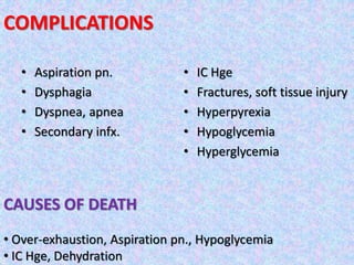 COMPLICATIONS
• Aspiration pn.
• Dysphagia
• Dyspnea, apnea
• Secondary infx.
• IC Hge
• Fractures, soft tissue injury
• Hyperpyrexia
• Hypoglycemia
• Hyperglycemia
CAUSES OF DEATH
• Over-exhaustion, Aspiration pn., Hypoglycemia
• IC Hge, Dehydration
 