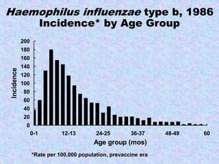 0
20
40
60
80
100
120
140
160
180
200
0-1 12-13 24-25 36-37 48-49 60
Age group (mos)
IncidenceHaemophilus influenzae type b, 1986
Incidence* by Age Group
*Rate per 100,000 population, prevaccine era
 