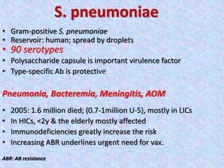S. pneumoniae
• Gram-positive S. pneumoniae
• Reservoir: human; spread by droplets
• 90 serotypes
• Polysaccharide capsule is important virulence factor
• Type-specific Ab is protective
Pneumonia, Bacteremia, Meningitis, AOM
• 2005: 1.6 million died; (0.7-1million U-5), mostly in LICs
• In HICs, <2y & the elderly mostly affected
• Immunodeficiencies greatly increase the risk
• Increasing ABR underlines urgent need for vax.
ABR: AB resistance
 