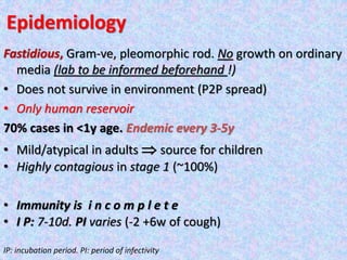 Epidemiology
Fastidious, Gram-ve, pleomorphic rod. No growth on ordinary
media (lab to be informed beforehand !)
• Does not survive in environment (P2P spread)
• Only human reservoir
70% cases in <1y age. Endemic every 3-5y
• Mild/atypical in adults  source for children
• Highly contagious in stage 1 (~100%)
• Immunity is i n c o m p l e t e
• I P: 7-10d. PI varies (-2 +6w of cough)
IP: incubation period. PI: period of infectivity
 