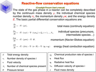 Reactive-flow conservation equations
(Crosslight Procom User’s manual)
The state of the gas phase in a reactor can be completely described
by the continuum mass density r, the individual chemical species
number density ni, the momentum density rv, and the energy density
E. The basic partial differential conservation equations are:
total mass (continuity equation)
individual species (precursors,
intermediate species…)
momentum (Navier-Stokes equation)
energy (heat conduction equation)
Total energy density
Number density of species i
Fluid velocity
Number of chemical species present
Pressure tensor
Chemical production rate of species i
Heat flux
Radiative heat flux
Diffusion velocity of species i
Fluid mass density
 