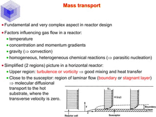 Mass transport
Fundamental and very complex aspect in reactor design
Factors influencing gas flow in a reactor:
 temperature
 concentration and momentum gradients
 gravity ( convection)
 homogeneous, heterogeneous chemical reactions ( parasitic nucleation)
Simplified (2 regions) picture in a horizontal reactor:
 Upper region: turbulence or vorticity  good mixing and heat transfer
 Close to the susceptor: region of laminar flow (boundary or stagnant layer)
 molecular diffusional
transport to the hot
substrate, where the
transverse velocity is zero.
 