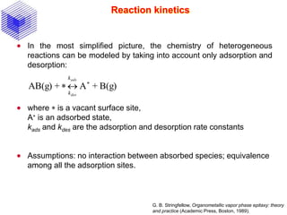 Reaction kinetics
 In the most simplified picture, the chemistry of heterogeneous
reactions can be modeled by taking into account only adsorption and
desorption:
 where  is a vacant surface site,
A is an adsorbed state,
kads and kdes are the adsorption and desorption rate constants
 Assumptions: no interaction between absorbed species; equivalence
among all the adsorption sites.
B(g)+A+AB(g) 

ads
des
k
k
G. B. Stringfellow, Organometallic vapor phase epitaxy: theory
and practice (Academic Press, Boston, 1989).
 