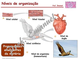 Níveis de organização Prof. Emanuel
Nível celular Nível tissular
Nível do
órgão
Nível sistêmico
Nível do organismo
(homeostasia)
Propriedades
emergentes
da matéria
 