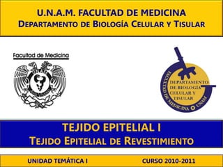 TEJIDO EPITELIAL I
TEJIDO EPITELIAL DE REVESTIMIENTO
U.N.A.M. FACULTAD DE MEDICINA
DEPARTAMENTO DE BIOLOGÍA CELULAR Y TISULAR
UNIDAD TEMÁTICA I CURSO 2010-2011
 