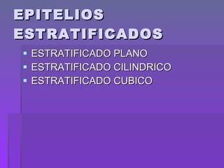 EPITELIOS ESTRATIFICADOS ESTRATIFICADO PLANO  ESTRATIFICADO CILINDRICO ESTRATIFICADO CUBICO 