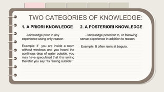 .
TWO CATEGORIES OF KNOWLEDGE:
1. A PRIORI KNOWLEDGE
-knowledge prior to any
experience using only reason
Example: if you are inside a room
without windows and you heard the
continous drop of water outside, you
may have speculated that it is raining
therefor you say “its raining outside”.
2. A POSTERIORI KNOWLEDGE
- knowledge posterior to, or following
sense experience in addition to reason
Example: It often rains at baguio.
 