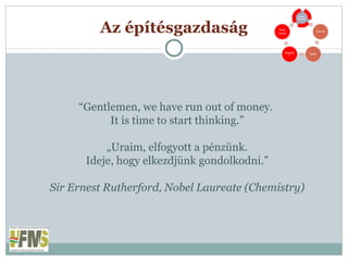 Az építésgazdaság “ Gentlemen, we have run out of money.  It is time to start thinking.” „ Uraim, elfogyott a pénzünk. Ideje, hogy elkezdjünk gondolkodni.” Sir Ernest Rutherford, Nobel Laureate (Chemistry) 