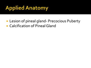  Lesion of pineal gland- Precocious Puberty
 Calcification of PinealGland
 
