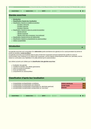 Département de Médecine, Division d'Histologie; Université de Fribourg; ©     2005-2006




Glandes exocrines
     q   Introduction
     q   Classification d'après leur localisation
     q   Classification d'après la modalité de sécrétion
              r Excrétion mérocrine

              r Excrétion apocrine

              r Excrétion holocrine

     q   Classification d'après la nature du produit de sécrétion
              r Glande séreuse

              r Glande muqueuse

              r Glande mixte (séro-muqueuse; muco-séreuse)

     q   Classification d'après la forme de l'adénomère
     q   Classification d'après le comportement du canal excréteur
     q   Cellule myoépithéliale



Introduction

Les glandes exocrines sont composées d'un adénomère (partie sécrétante de la glande) et d'un canal permettant de draîner le
produit de sécrétion (canal excréteur).
Les glandes exocrines sont localisées dans la peau et dans les muqueuses (tuniques tapissant les cavités du corps en
communication avec l'extérieur) ou en dehors des muqueuses, comme organes anatomiquement définis (ex: pancréas), tout en
restant en continuation avec l'épithélium d'où elles dérivent par le canal excréteur.

Les critères suivants sont utilisés pour la classification des glandes exocrines:

     q   localisation des glandes
     q   modalité de sécrétion des cellules glandulaires
     q   nature du produit de sécrétion
     q   forme de l'adénomère
     q   comportement du canal excréteur




Classification d'après leur localisation

     q   intraépithéliale (endoépitheliale) unicellulaire                                 Cellule caliciforme                 Act.
     q   intraépithéliale (endoépitheliale) pluricellulaires
                                                                                          Cavité nasale                       Act.
     q   extraépithéliale (exoépitheliale) intrapariétale (ex: glandulae gastricae)
                                                                                          Estomac                             Act.
     q   extraépithéliale (exoépitheliale) extrapariétale (ex: pancréas)
 