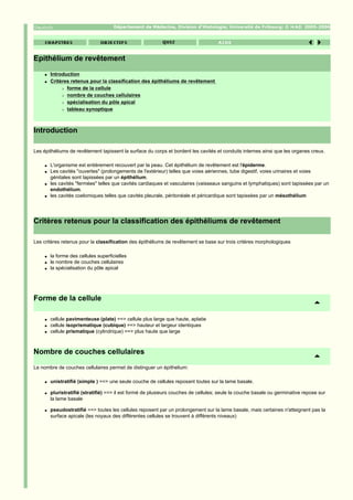 Département de Médecine, Division d'Histologie; Université de Fribourg; ©              2005-2006




Epithélium de revêtement
     q   Introduction
     q   Critères retenus pour la classification des épithéliums de revêtement
              r forme de la cellule

              r nombre de couches cellulaires

              r spécialisation du pôle apical

              r tableau synoptique




Introduction

Les épithéliums de revêtement tapissent la surface du corps et bordent les cavités et conduits internes ainsi que les organes creux.

     q   L'organisme est entièrement recouvert par la peau. Cet épithélium de revêtement est l'épiderme.
     q   Les cavités "ouvertes" (prolongements de l'extérieur) telles que voies aériennes, tube digestif, voies urinaires et voies
         génitales sont tapissées par un épithélium.
     q   les cavités "fermées" telles que cavités cardiaques et vasculaires (vaisseaux sanguins et lymphatiques) sont tapissées par un
         endothélium.
     q   les cavités coelomiques telles que cavités pleurale, péritonéale et péricardique sont tapissées par un mésothélium




Critères retenus pour la classification des épithéliums de revêtement

Les critères retenus pour la classification des épithéliums de revêtement se base sur trois critères morphologiques

     q   la forme des cellules superficielles
     q   le nombre de couches cellulaires
     q   la spécialisation du pôle apical




Forme de la cellule

     q   cellule pavimenteuse (plate) ==> cellule plus large que haute, aplatie
     q   cellule isoprismatique (cubique) ==> hauteur et largeur identiques
     q   cellule prismatique (cylindrique) ==> plus haute que large



Nombre de couches cellulaires
Le nombre de couches cellulaires permet de distinguer un épithelium:

     q   unistratifié (simple ) ==> une seule couche de cellules reposant toutes sur la lame basale.

     q   pluristratifié (stratifié) ==> il est formé de plusieurs couches de cellules; seule la couche basale ou germinative repose sur
         la lame basale

     q   pseudostratifié ==> toutes les cellules reposent par un prolongement sur la lame basale, mais certaines n'atteignent pas la
         surface apicale (les noyaux des différentes cellules se trouvent à différents niveaux)
 