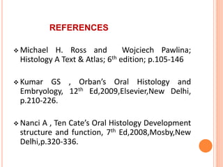 REFERENCES
 Michael H. Ross and Wojciech Pawlina;
Histology A Text & Atlas; 6th edition; p.105-146
 Kumar GS , Orban’s Oral Histology and
Embryology, 12th Ed,2009,Elsevier,New Delhi,
p.210-226.
 Nanci A , Ten Cate’s Oral Histology Development
structure and function, 7th Ed,2008,Mosby,New
Delhi,p.320-336.
 