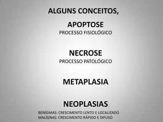 ALGUNS CONCEITOS,
              APOPTOSE
          PROCESSO FISIOLÓGICO


               NECROSE
          PROCESSO PATOLÓGICO


            METAPLASIA

            NEOPLASIAS
BENÍGMAS: CRESCIMENTO LENTO E LOCALIZADO
MALÍGNAS: CRESCIMENTO RÁPIDO E DIFUSO
 