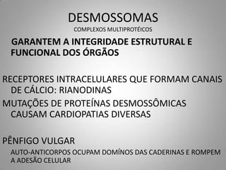 DESMOSSOMAS
                COMPLEXOS MULTIPROTÉICOS

 GARANTEM A INTEGRIDADE ESTRUTURAL E
 FUNCIONAL DOS ÓRGÃOS

RECEPTORES INTRACELULARES QUE FORMAM CANAIS
  DE CÁLCIO: RIANODINAS
MUTAÇÕES DE PROTEÍNAS DESMOSSÔMICAS
  CAUSAM CARDIOPATIAS DIVERSAS

PÊNFIGO VULGAR
 AUTO-ANTICORPOS OCUPAM DOMÍNOS DAS CADERINAS E ROMPEM
 A ADESÃO CELULAR
 
