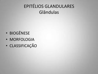 EPITÉLIOS GLANDULARES
               Glândulas



• BIOGÊNESE
• MORFOLOGIA
• CLASSIFICAÇÃO
 