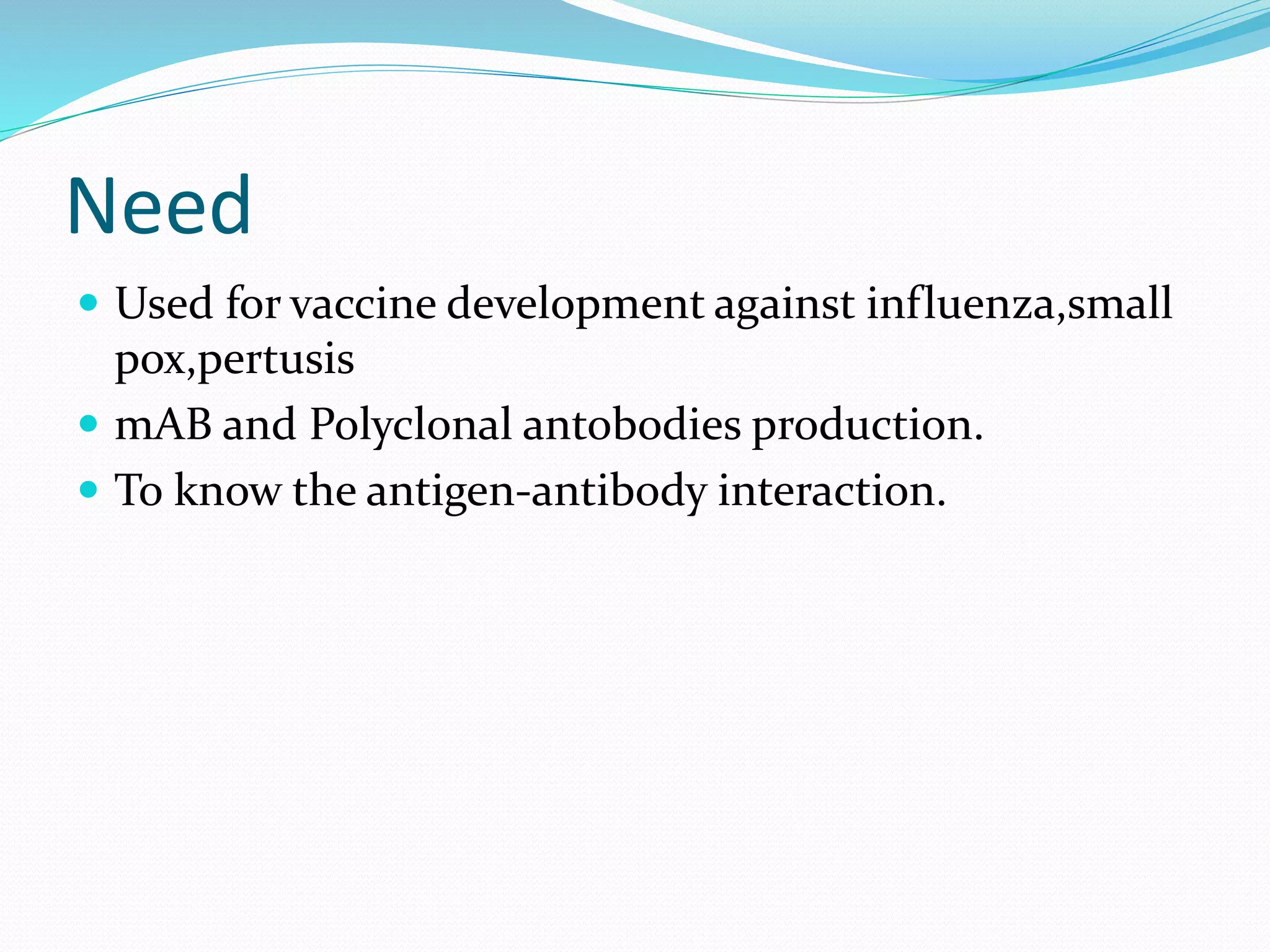 Need
 Used for vaccine development against influenza,small
pox,pertusis
 mAB and Polyclonal antobodies production.
 To know the antigen-antibody interaction.
 