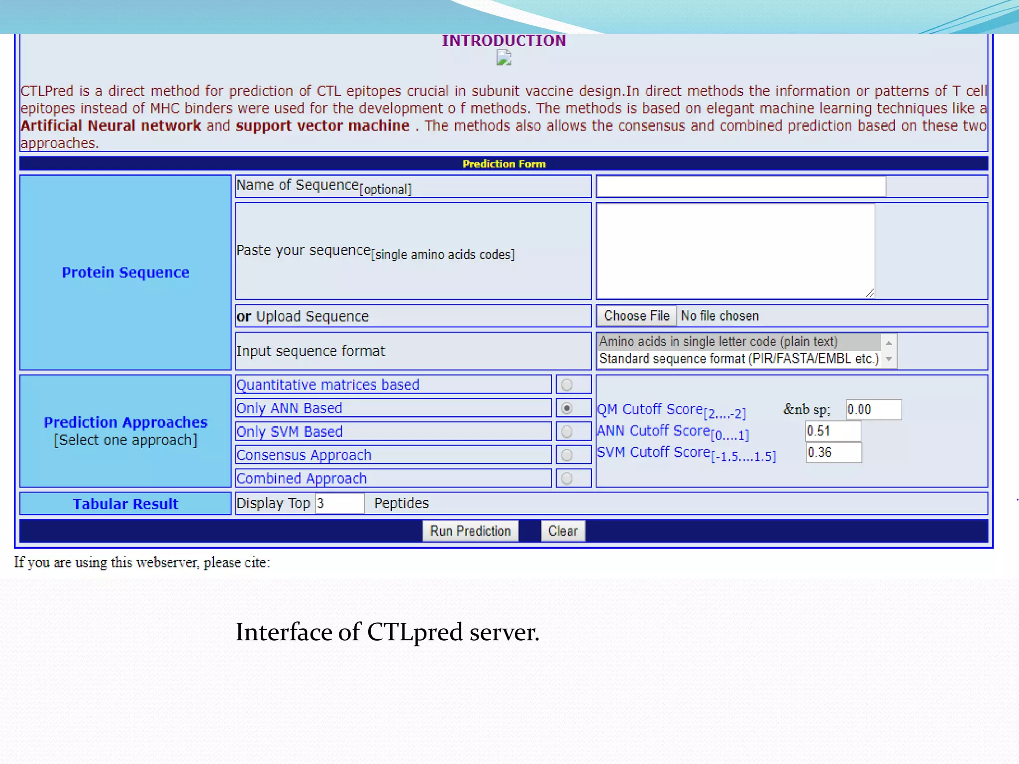 Interface of CTLpred server.
 