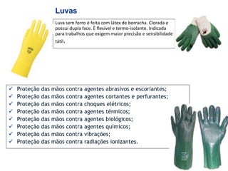 Luva sem forro é feita com látex de borracha. Clorada e
possui dupla face. È flexível e termo-isolante. Indicada
para trabalhos que exigem maior precisão e sensibilidade
tátil.
Luvas
 Proteção das mãos contra agentes abrasivos e escoriantes;
 Proteção das mãos contra agentes cortantes e perfurantes;
 Proteção das mãos contra choques elétricos;
 Proteção das mãos contra agentes térmicos;
 Proteção das mãos contra agentes biológicos;
 Proteção das mãos contra agentes químicos;
 Proteção das mãos contra vibrações;
 Proteção das mãos contra radiações ionizantes.
 