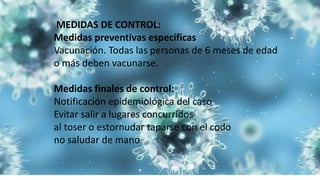 MEDIDAS DE CONTROL:
Medidas preventivas específicas
Vacunación. Todas las personas de 6 meses de edad
o más deben vacunarse.
Medidas finales de control:
Notificación epidemiológica del caso
Evitar salir a lugares concurridos
al toser o estornudar taparse con el codo
no saludar de mano
 