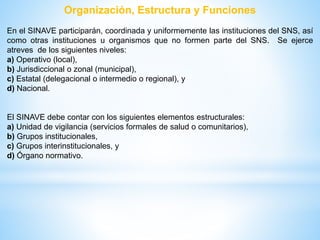 Organización, Estructura y Funciones
En el SINAVE participarán, coordinada y uniformemente las instituciones del SNS, así
como otras instituciones u organismos que no formen parte del SNS. Se ejerce
atreves de los siguientes niveles:
a) Operativo (local),
b) Jurisdiccional o zonal (municipal),
c) Estatal (delegacional o intermedio o regional), y
d) Nacional.
El SINAVE debe contar con los siguientes elementos estructurales:
a) Unidad de vigilancia (servicios formales de salud o comunitarios),
b) Grupos institucionales,
c) Grupos interinstitucionales, y
d) Órgano normativo.
 