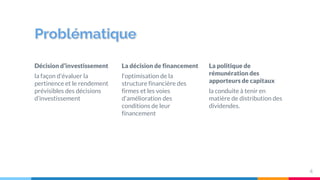 Décision d’investissement
la façon d'évaluer la
pertinence et le rendement
prévisibles des décisions
d’investissement
La décision de financement
l'optimisation de la
structure financière des
firmes et les voies
d'amélioration des
conditions de leur
financement
La politique de
rémunération des
apporteurs de capitaux
la conduite à tenir en
matière de distribution des
dividendes.
4
 
