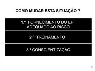 3
1.º FORNECIMENTO DO EPI
ADEQUADO AO RISCO
3.º CONSCIENTIZAÇÃO
2.º TREINAMENTO
COMO MUDAR ESTA SITUAÇÃO ?
 