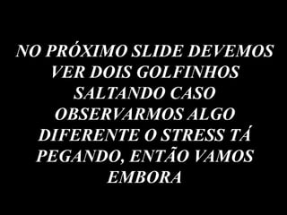 44
NO PRÓXIMO SLIDE DEVEMOS
VER DOIS GOLFINHOS
SALTANDO CASO
OBSERVARMOS ALGO
DIFERENTE O STRESS TÁ
PEGANDO, ENTÃO VAMOS
EMBORA
 